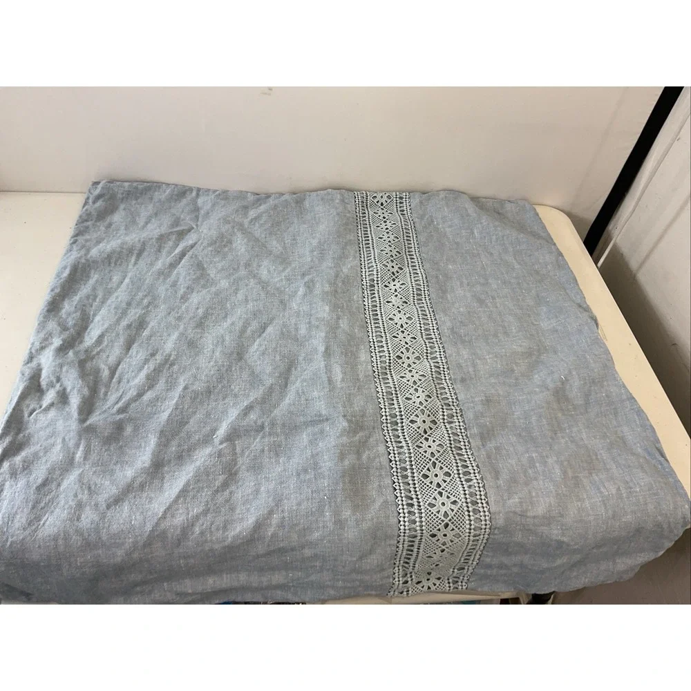Rachel Ashwell Shabby Chic Euro Sham Blue 100% Linen Lace crochet Trim  26